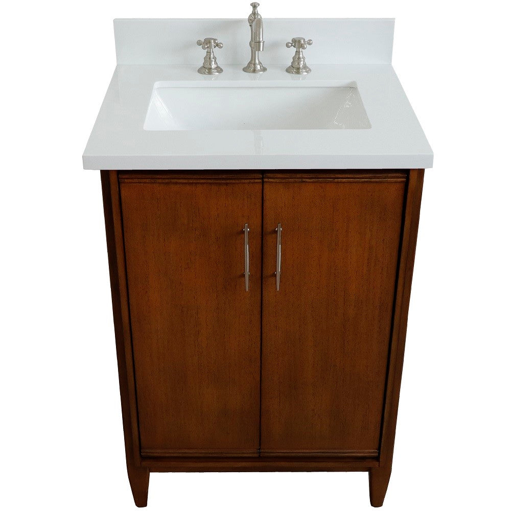 Bellaterra 25" Walnut Wood Single Vanity w/ Counter Top and Sink 400901-25-WA-WER (White Quartz)