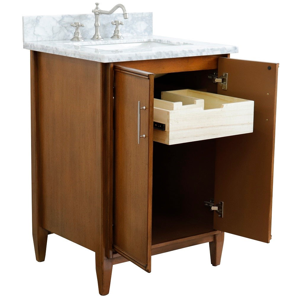 Bellaterra 25" Walnut Wood Single Vanity w/ Counter Top and Sink 400901-25-WA-WMR (White Carrara Marble)