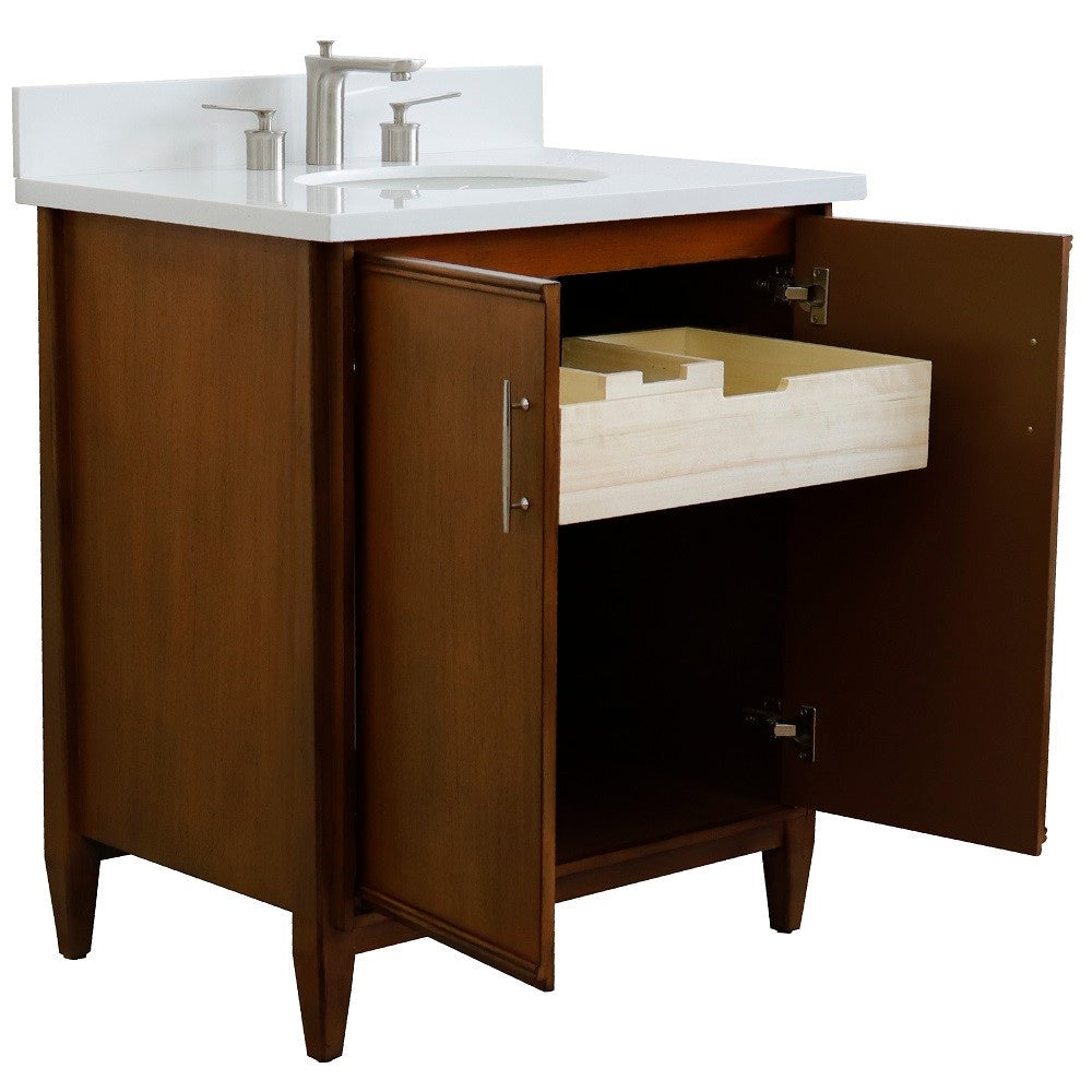 Bellaterra 400901-31-WA-WEO 31" Single Sink Vanity in Walnut Finish with Counter Top and Sink White Quartz