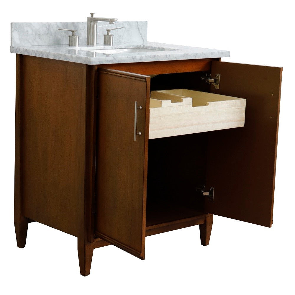 Bellaterra 400901-31-WA-WMR 31" Single Sink Vanity in Walnut Finish with Counter Top and Sink White Carrara Marble