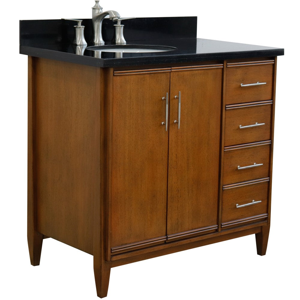 Bellaterra 37" Single Vanity in Walnut Finish with Counter Top and Sink- Left Door/Left Sink 400901-37L-WA, Black Galaxy Granite / Oval, Front