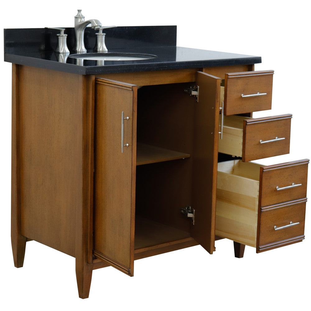 Bellaterra 37" Single Vanity in Walnut Finish with Counter Top and Sink- Left Door/Left Sink 400901-37L-WA, Black Galaxy Granite / Oval, Open