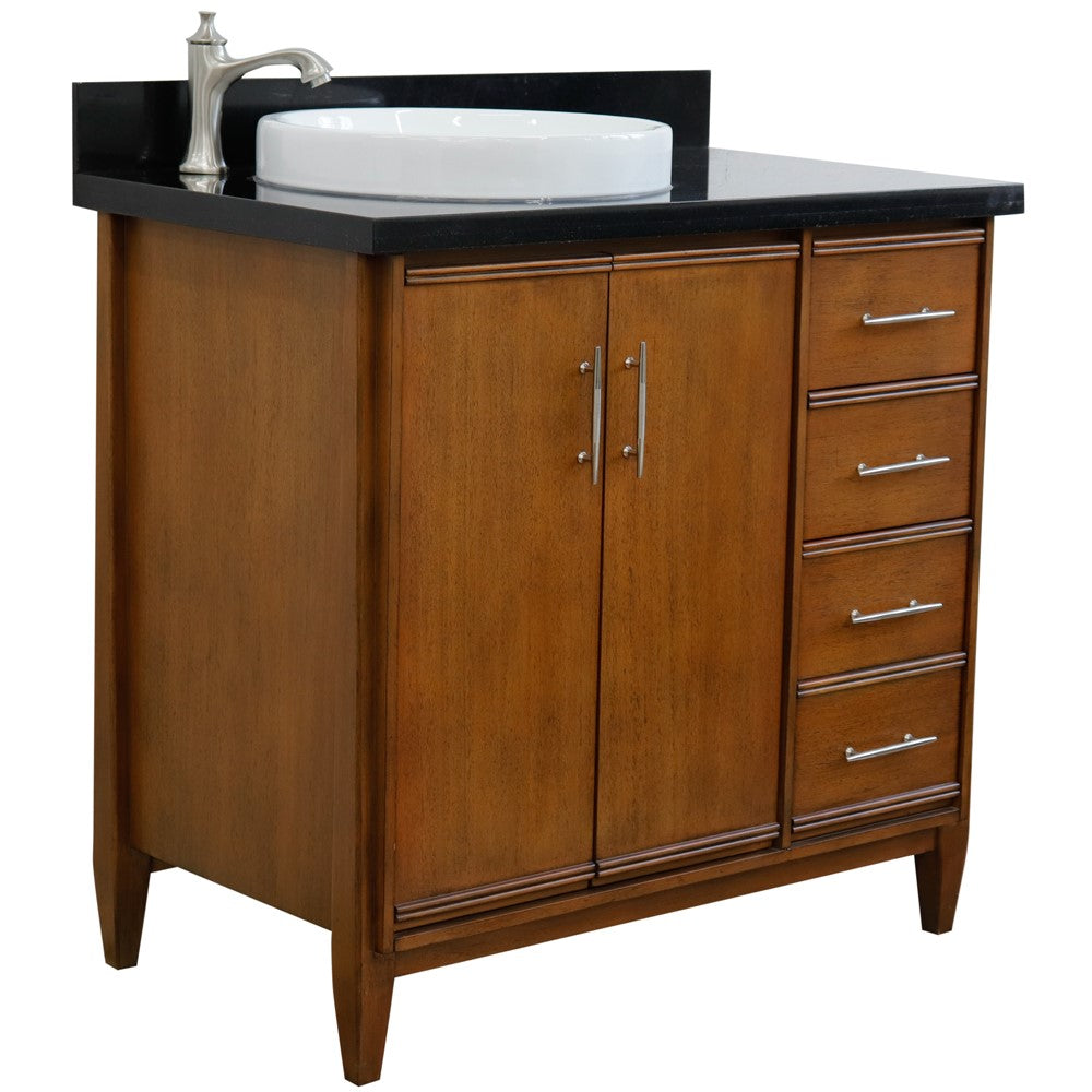 Bellaterra 37" Single Vanity in Walnut Finish with Counter Top and Sink- Left Door/Left Sink 400901-37L-WA, Black Galaxy Granite / Round, Front