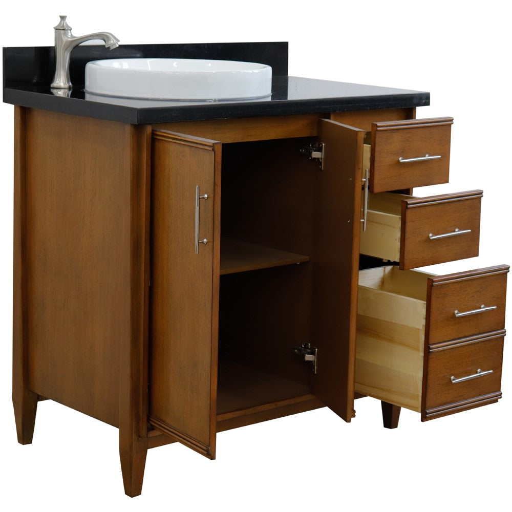 Bellaterra 37" Single Vanity in Walnut Finish with Counter Top and Sink- Left Door/Left Sink 400901-37L-WA, Black Galaxy Granite / Round, Open