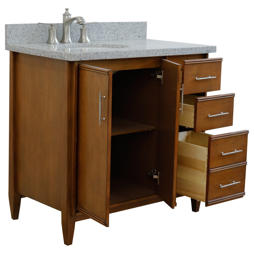 Bellaterra 37" Single Vanity in Walnut Finish with Counter Top and Sink- Left Door/Left Sink 400901-37L-WA, Gray Granite / Oval, Open