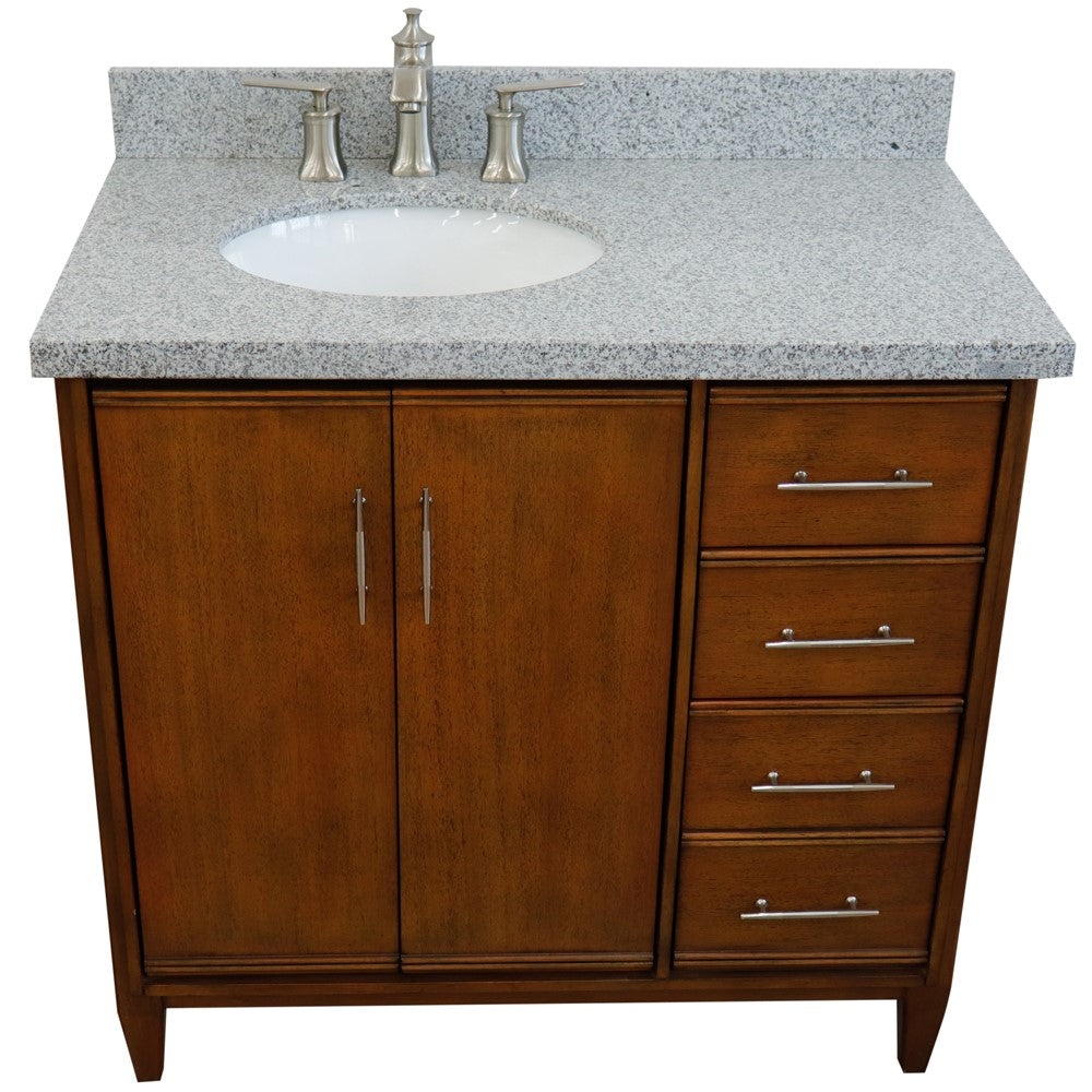 Bellaterra 37" Single Vanity in Walnut Finish with Counter Top and Sink- Left Door/Left Sink 400901-37L-WA, Gray Granite / Oval, Front