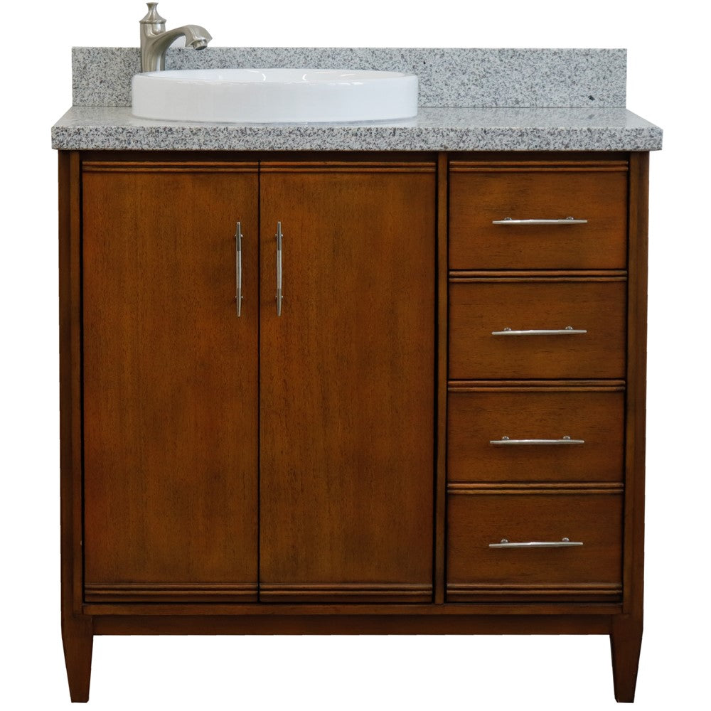 Bellaterra 37" Single Vanity in Walnut Finish with Counter Top and Sink- Left Door/Left Sink 400901-37L-WA, Gray Granite / Round, Front