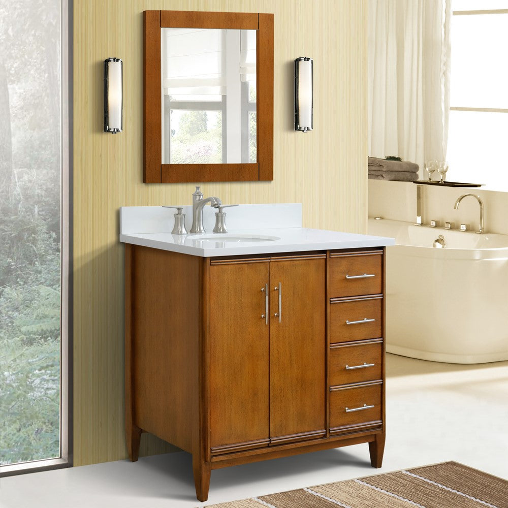 Bellaterra 37" Single Vanity in Walnut Finish with Counter Top and Sink- Left Door/Left Sink 400901-37L-WA, White Quartz / Oval, Front