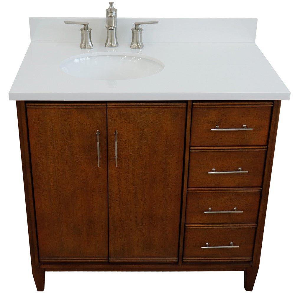 Bellaterra 37" Single Vanity in Walnut Finish with Counter Top and Sink- Left Door/Left Sink 400901-37L-WA, White Quartz / Oval, Front