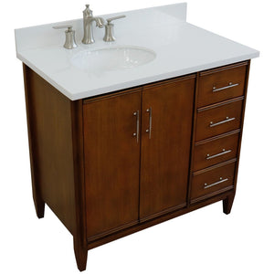 Bellaterra 37" Single Vanity in Walnut Finish with Counter Top and Sink- Left Door/Left Sink 400901-37L-WA, White Quartz / Oval, Top Front