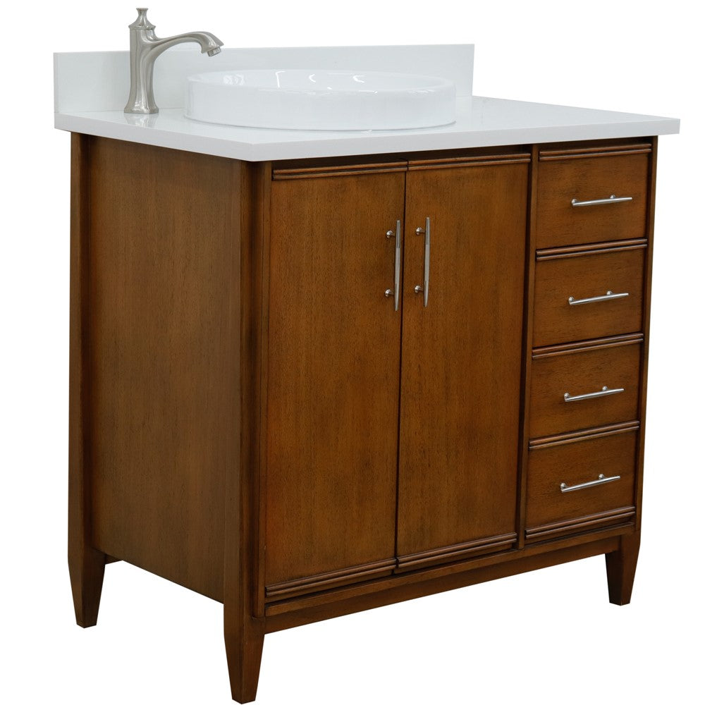 Bellaterra 37" Single Vanity in Walnut Finish with Counter Top and Sink- Left Door/Left Sink 400901-37L-WA, White Quartz / Round, Front