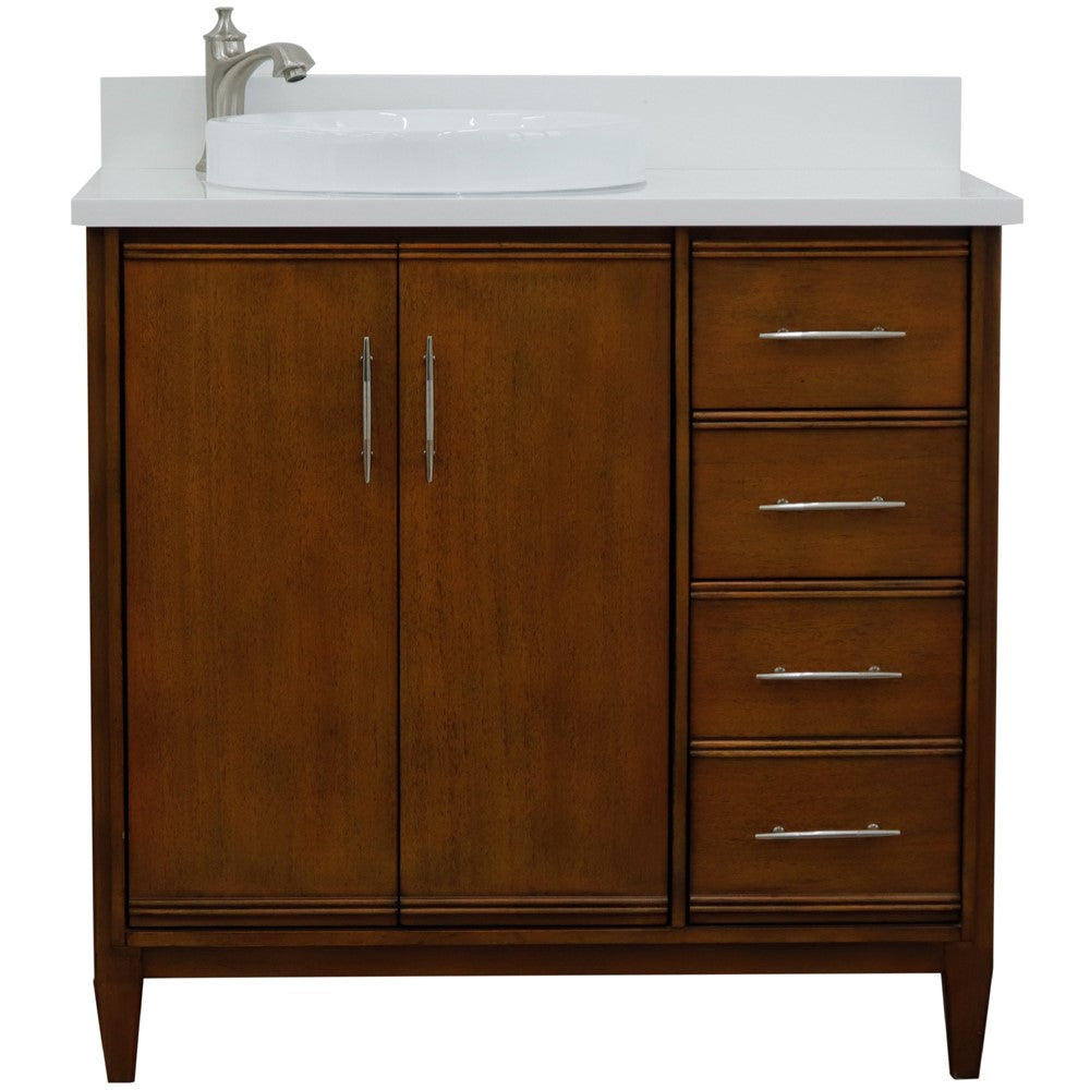 Bellaterra 37" Single Vanity in Walnut Finish with Counter Top and Sink- Left Door/Left Sink 400901-37L-WA, White Quartz / Round, Front