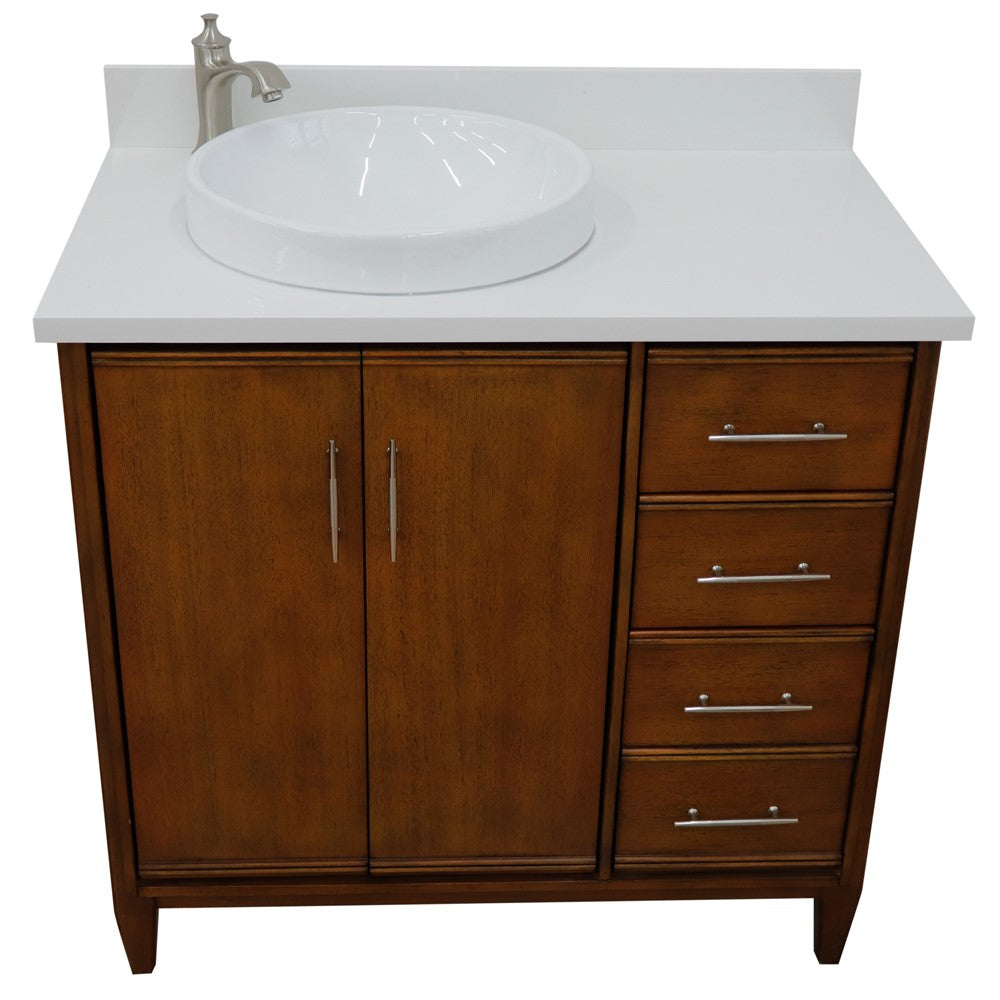 Bellaterra 37" Single Vanity in Walnut Finish with Counter Top and Sink- Left Door/Left Sink 400901-37L-WA, White Quartz / Round, Front