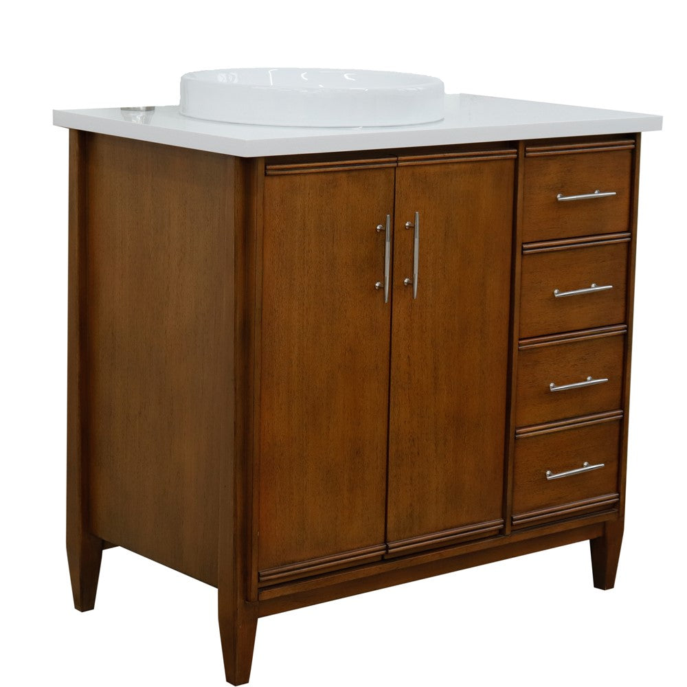 Bellaterra 37" Single Vanity in Walnut Finish with Counter Top and Sink- Left Door/Left Sink 400901-37L-WA, White Quartz / Round, Front