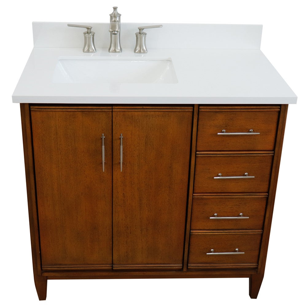 Bellaterra 37" Single Vanity in Walnut Finish with Counter Top and Sink- Left Door/Left Sink 400901-37L-WA, White Quartz / Rectangle, Front