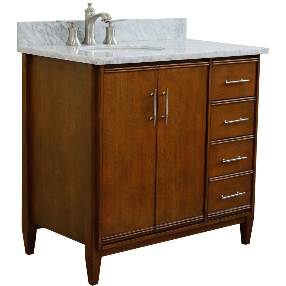 Bellaterra 37" Single Vanity in Walnut Finish with Counter Top and Sink- Left Door/Left Sink 400901-37L-WA, White Carrara Marble / Oval, Front