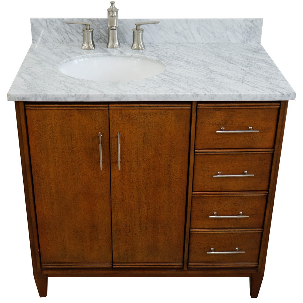 Bellaterra 37" Single Vanity in Walnut Finish with Counter Top and Sink- Left Door/Left Sink 400901-37L-WA, White Carrara Marble / Oval, Front