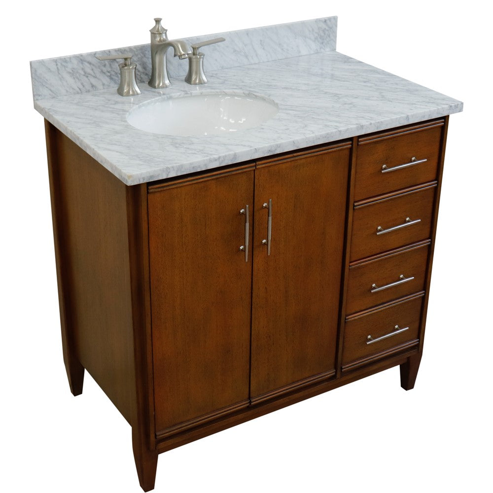 Bellaterra 37" Single Vanity in Walnut Finish with Counter Top and Sink- Left Door/Left Sink 400901-37L-WA, White Carrara Marble / Oval, Front