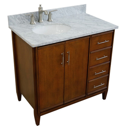 Bellaterra 37" Single Vanity in Walnut Finish with Counter Top and Sink- Left Door/Left Sink 400901-37L-WA, White Carrara Marble / Oval, Front