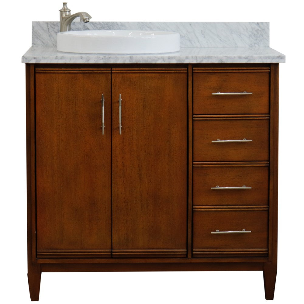 Bellaterra 37" Single Vanity in Walnut Finish with Counter Top and Sink- Left Door/Left Sink 400901-37L-WA, White Carrara Marble / Round, Front