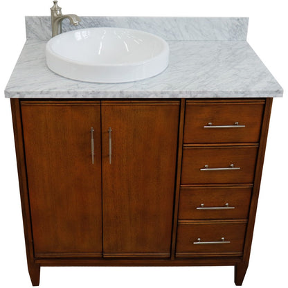 Bellaterra 37" Single Vanity in Walnut Finish with Counter Top and Sink- Left Door/Left Sink 400901-37L-WA, White Carrara Marble / Round, Front