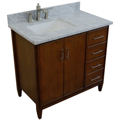 Bellaterra 37" Single Vanity in Walnut Finish with Counter Top and Sink- Left Door/Left Sink 400901-37L-WA, White Carrara Marble / Rectangle, Front