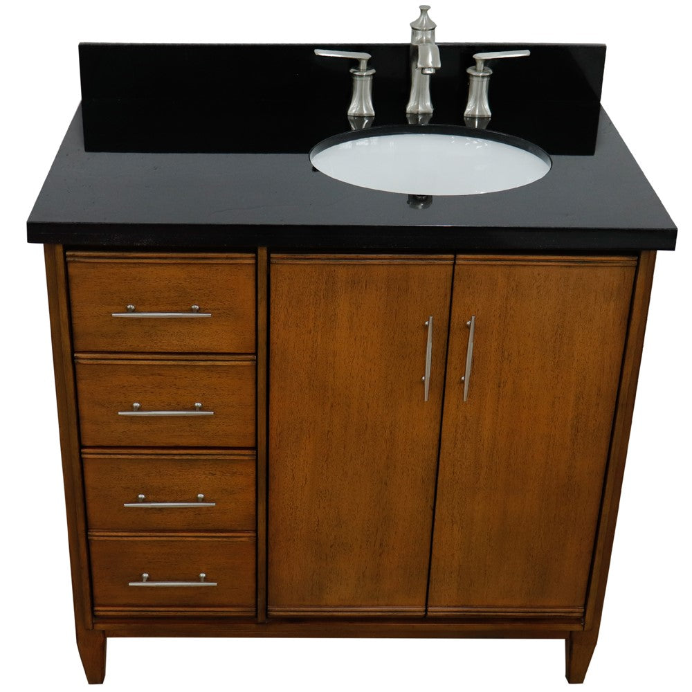 Bellaterra 37" Single Vanity in Walnut Finish with Counter Top and Sink - Right Door/Right Sink 400901-37R-WA, Black Galaxy Granite / Oval, Front