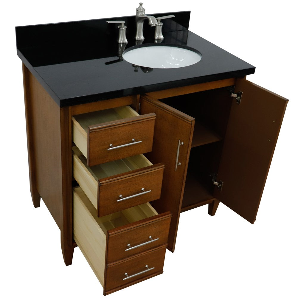 Bellaterra 37" Single Vanity in Walnut Finish with Counter Top and Sink - Right Door/Right Sink 400901-37R-WA, Black Galaxy Granite / Oval, Open