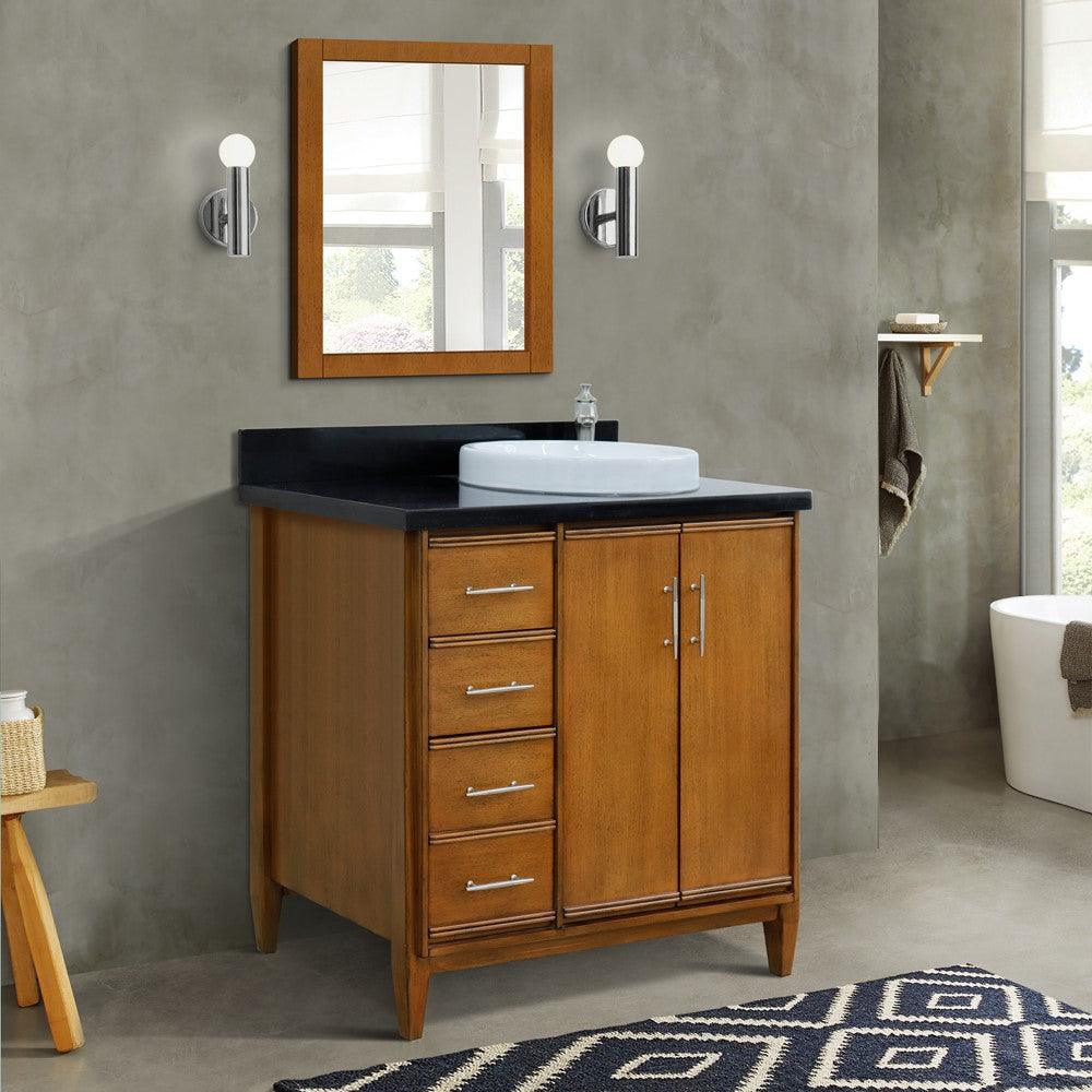 Bellaterra 37" Single Vanity in Walnut Finish with Counter Top and Sink - Right Door/Right Sink 400901-37R-WA, Black Galaxy Granite / Round, Front