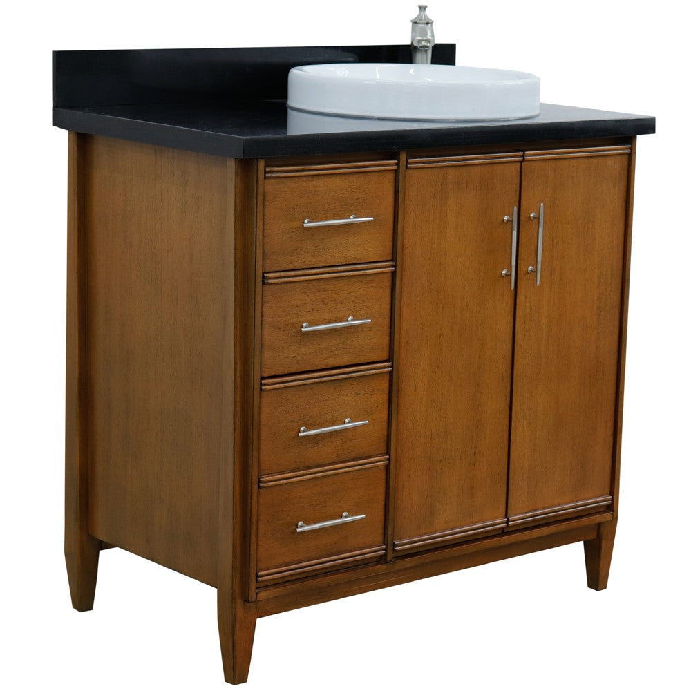 Bellaterra 37" Single Vanity in Walnut Finish with Counter Top and Sink - Right Door/Right Sink 400901-37R-WA, Black Galaxy Granite / Round, Front