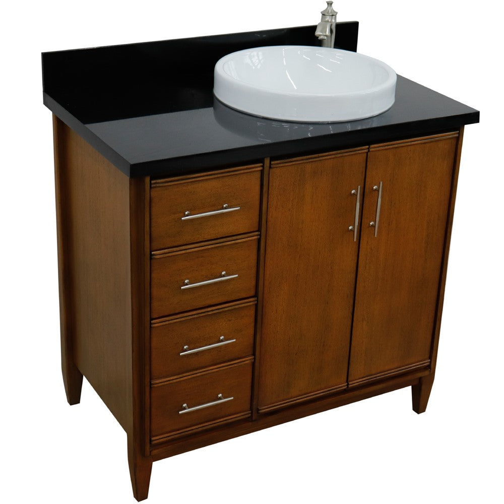 Bellaterra 37" Single Vanity in Walnut Finish with Counter Top and Sink - Right Door/Right Sink 400901-37R-WA, Black Galaxy Granite / Round, Front