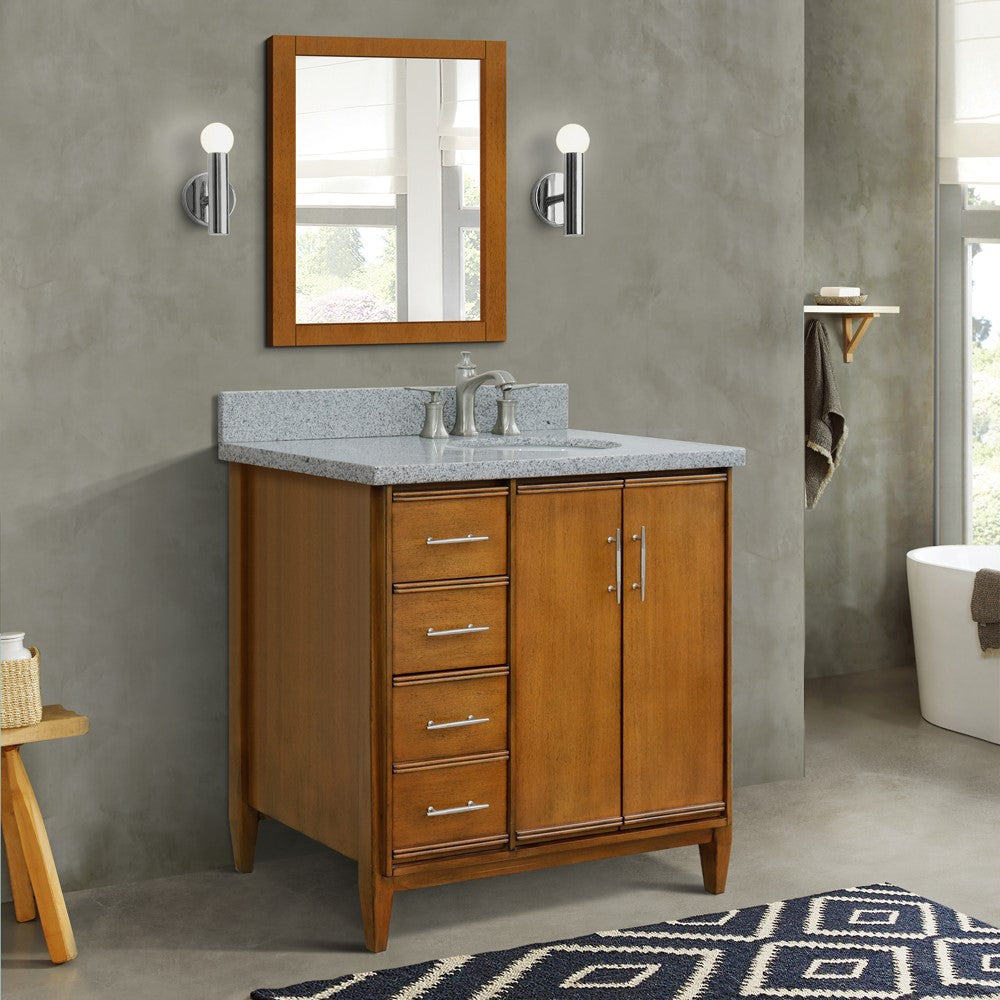 Bellaterra 37" Single Vanity in Walnut Finish with Counter Top and Sink - Right Door/Right Sink 400901-37R-WA, Gray Granite / Oval, Front