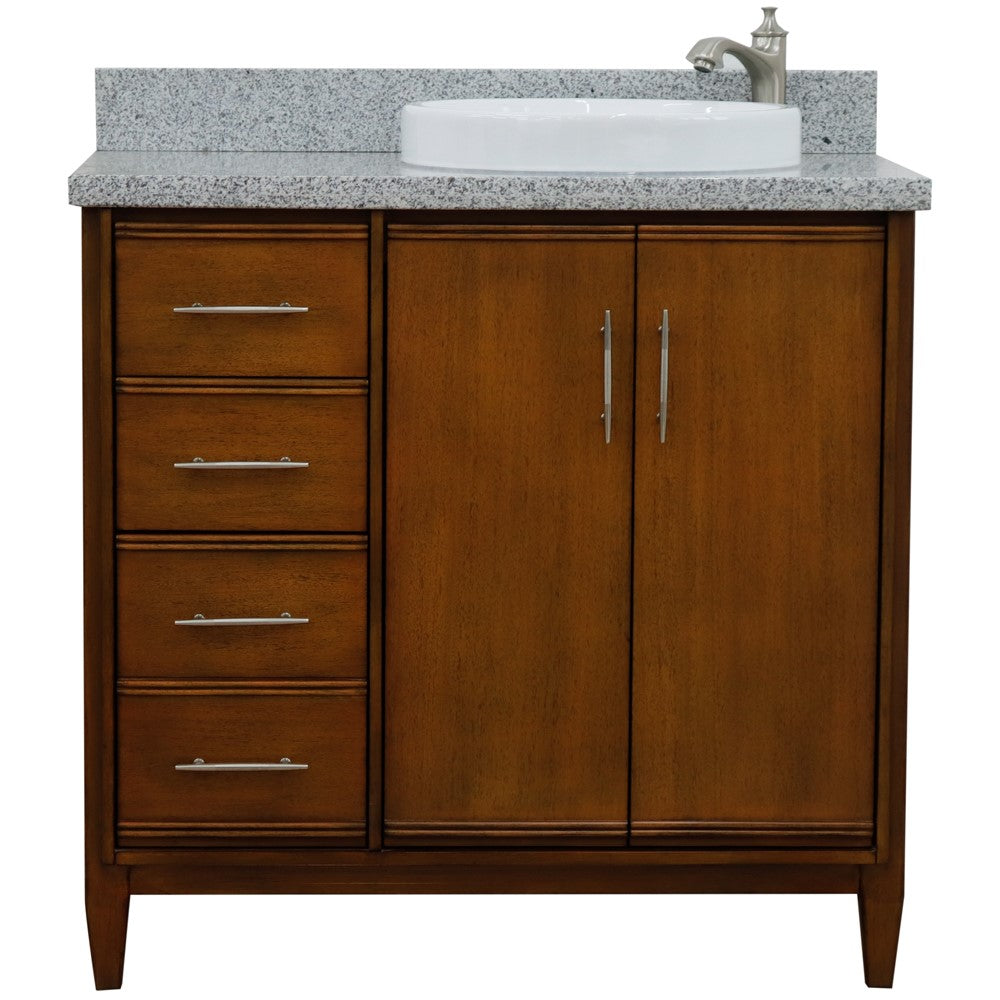 Bellaterra 37" Single Vanity in Walnut Finish with Counter Top and Sink - Right Door/Right Sink 400901-37R-WA, Gray Granite / Round, Front