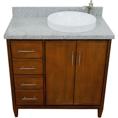 Bellaterra 37" Single Vanity in Walnut Finish with Counter Top and Sink - Right Door/Right Sink 400901-37R-WA, Gray Granite / Round, Front