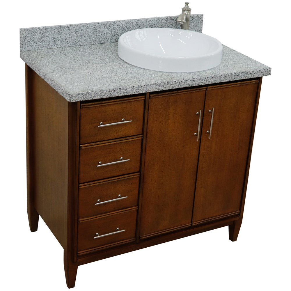 Bellaterra 37" Single Vanity in Walnut Finish with Counter Top and Sink - Right Door/Right Sink 400901-37R-WA, Gray Granite / Round, Front