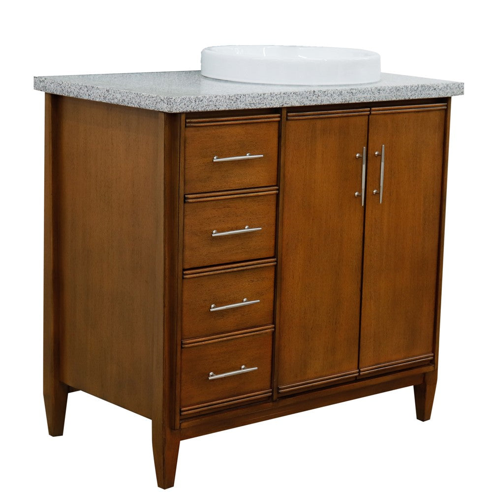 Bellaterra 37" Single Vanity in Walnut Finish with Counter Top and Sink - Right Door/Right Sink 400901-37R-WA, Gray Granite / Round, Front