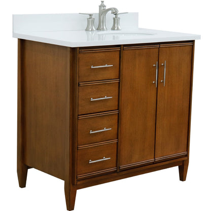 Bellaterra 37" Single Vanity in Walnut Finish with Counter Top and Sink - Right Door/Right Sink 400901-37R-WA, White Quartz / Oval, Front