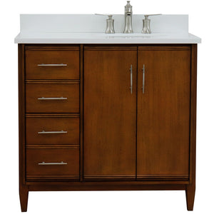 Bellaterra 37" Single Vanity in Walnut Finish with Counter Top and Sink - Right Door/Right Sink 400901-37R-WA, White Quartz / Oval, Front