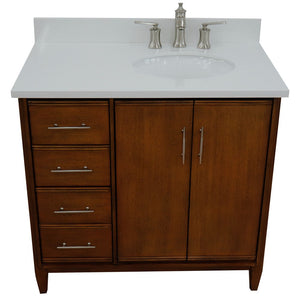 Bellaterra 37" Single Vanity in Walnut Finish with Counter Top and Sink - Right Door/Right Sink 400901-37R-WA, White Quartz / Oval, Top