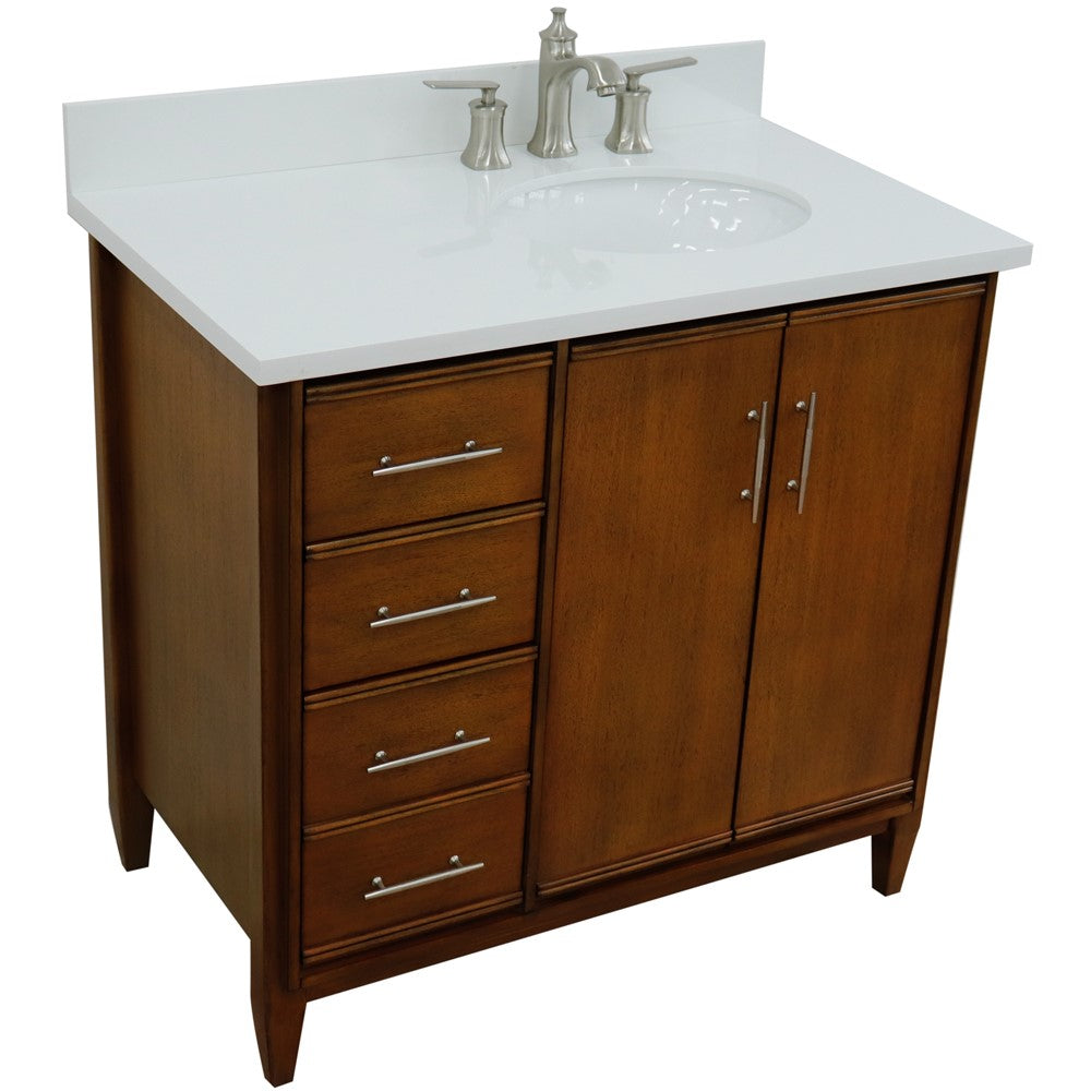 Bellaterra 37" Single Vanity in Walnut Finish with Counter Top and Sink - Right Door/Right Sink 400901-37R-WA, White Quartz / Oval, Top Front