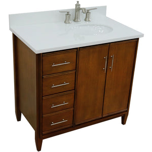 Bellaterra 37" Single Vanity in Walnut Finish with Counter Top and Sink - Right Door/Right Sink 400901-37R-WA, White Quartz / Oval, Top Front