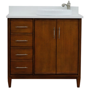 Bellaterra 37" Single Vanity in Walnut Finish with Counter Top and Sink - Right Door/Right Sink 400901-37R-WA, White Quartz / Round, Front