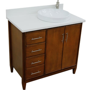 Bellaterra 37" Single Vanity in Walnut Finish with Counter Top and Sink - Right Door/Right Sink 400901-37R-WA, White Quartz / Round, Front Top