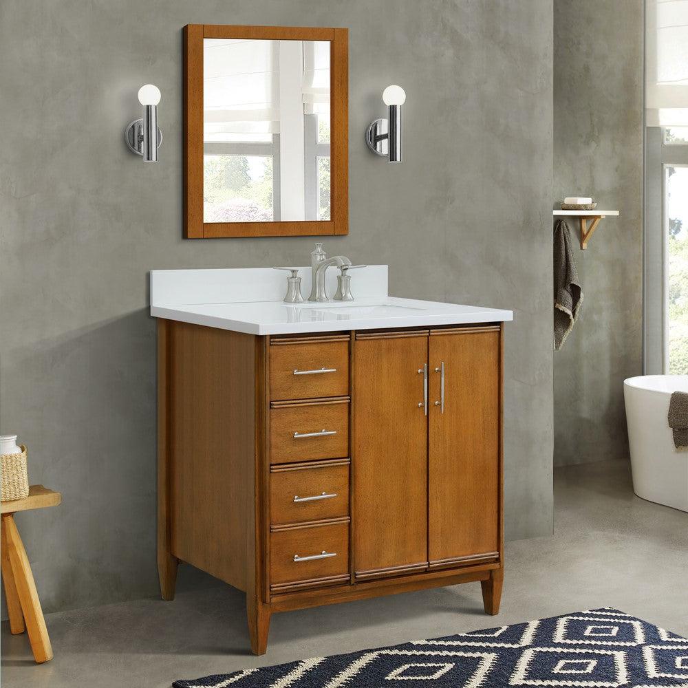 Bellaterra 37" Single Vanity in Walnut Finish with Counter Top and Sink - Right Door/Right Sink 400901-37R-WA, White Quartz / Rectangle, Front