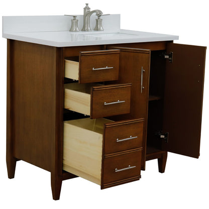 Bellaterra 37" Single Vanity in Walnut Finish with Counter Top and Sink - Right Door/Right Sink 400901-37R-WA, White Quartz / Rectangle, Open Drawer