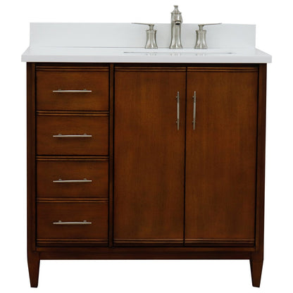 Bellaterra 37" Single Vanity in Walnut Finish with Counter Top and Sink - Right Door/Right Sink 400901-37R-WA, White Quartz / Rectangle, Front