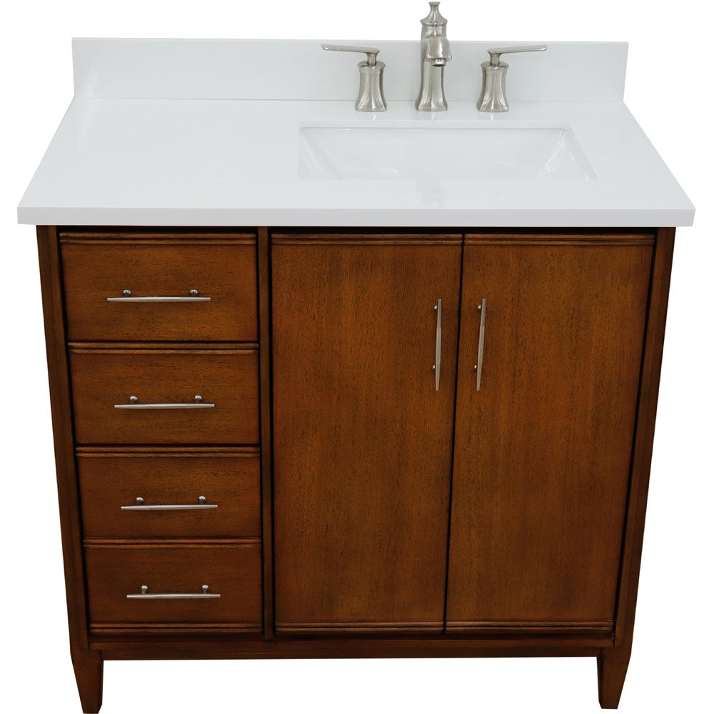 Bellaterra 37" Single Vanity in Walnut Finish with Counter Top and Sink - Right Door/Right Sink 400901-37R-WA, White Quartz / Rectangle, Front