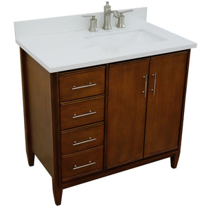 Bellaterra 37" Single Vanity in Walnut Finish with Counter Top and Sink - Right Door/Right Sink 400901-37R-WA, White Quartz / Rectangle, Front