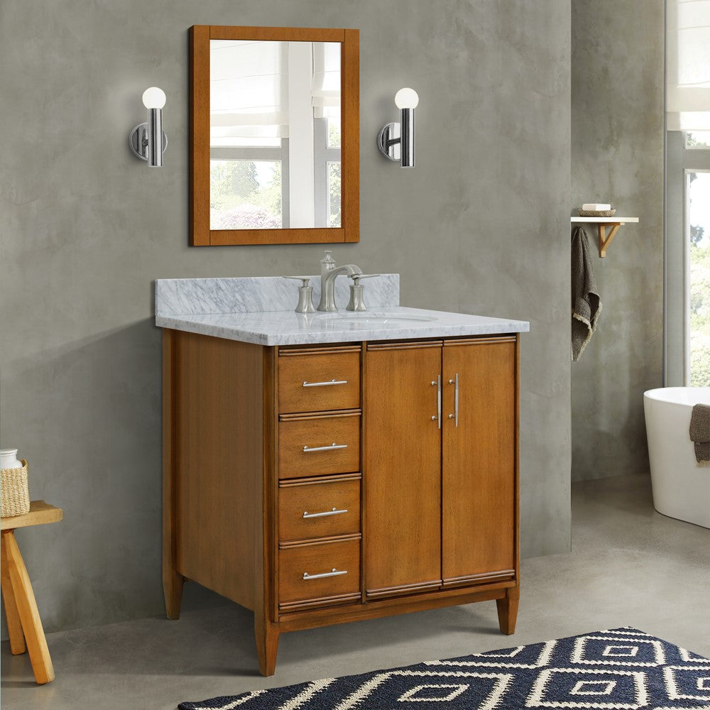 Bellaterra 37" Single Vanity in Walnut Finish with Counter Top and Sink - Right Door/Right Sink 400901-37R-WA, White Carrara Marble / Oval, Front