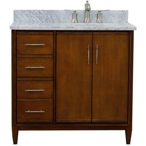 Bellaterra 37" Single Vanity in Walnut Finish with Counter Top and Sink - Right Door/Right Sink 400901-37R-WA, White Carrara Marble / Oval, Front